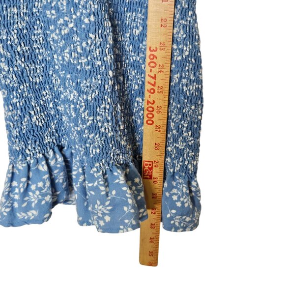 Blue & White Floral Smocked Mini‎ Dress S Ruffle Hem By Olive Tree Cottagecore - Picture 6 of 8